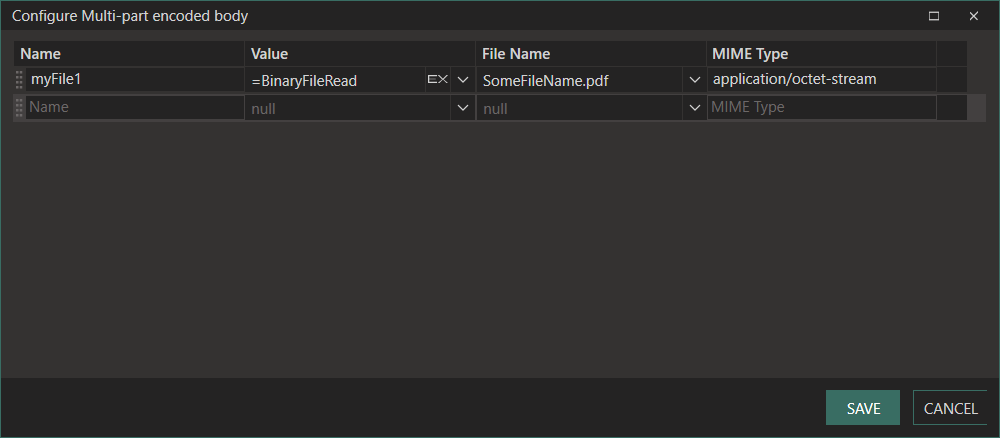 Multipart encoded body editor with binary part