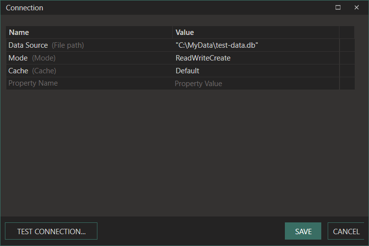 SQLite connection string example